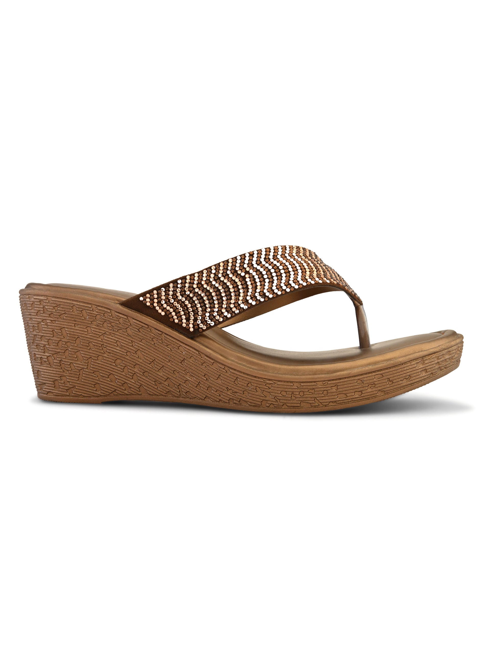 Wedge Thong Sandals Pleated Upper Strap with Subtle Rhinestone Embellishments