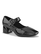 Glossy Patent-Finish Buckle Strap Block Heel Closed Toe Pumps