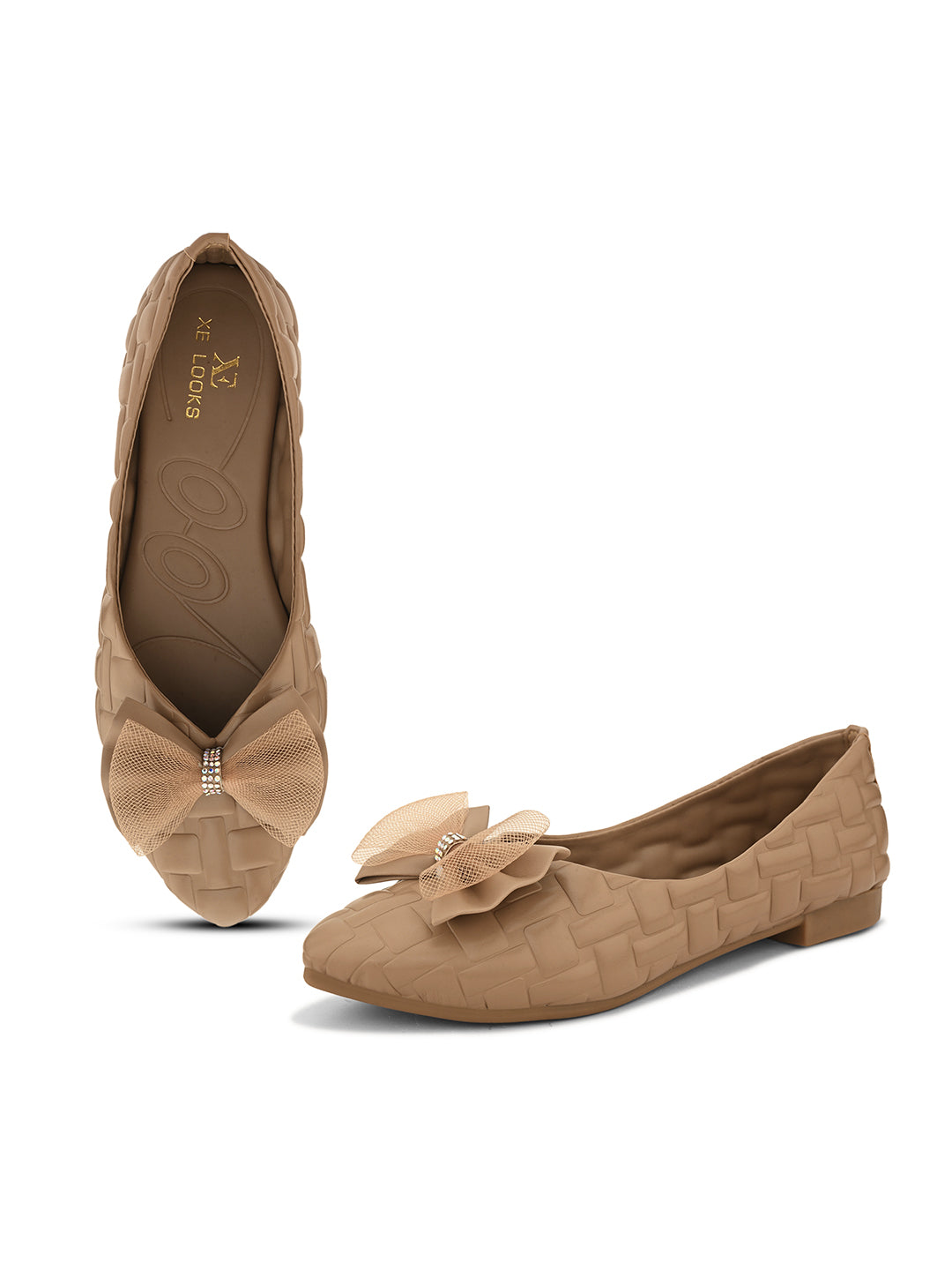 Textured Flats with Mesh Bow – Elegant Design, Comfortable Fit