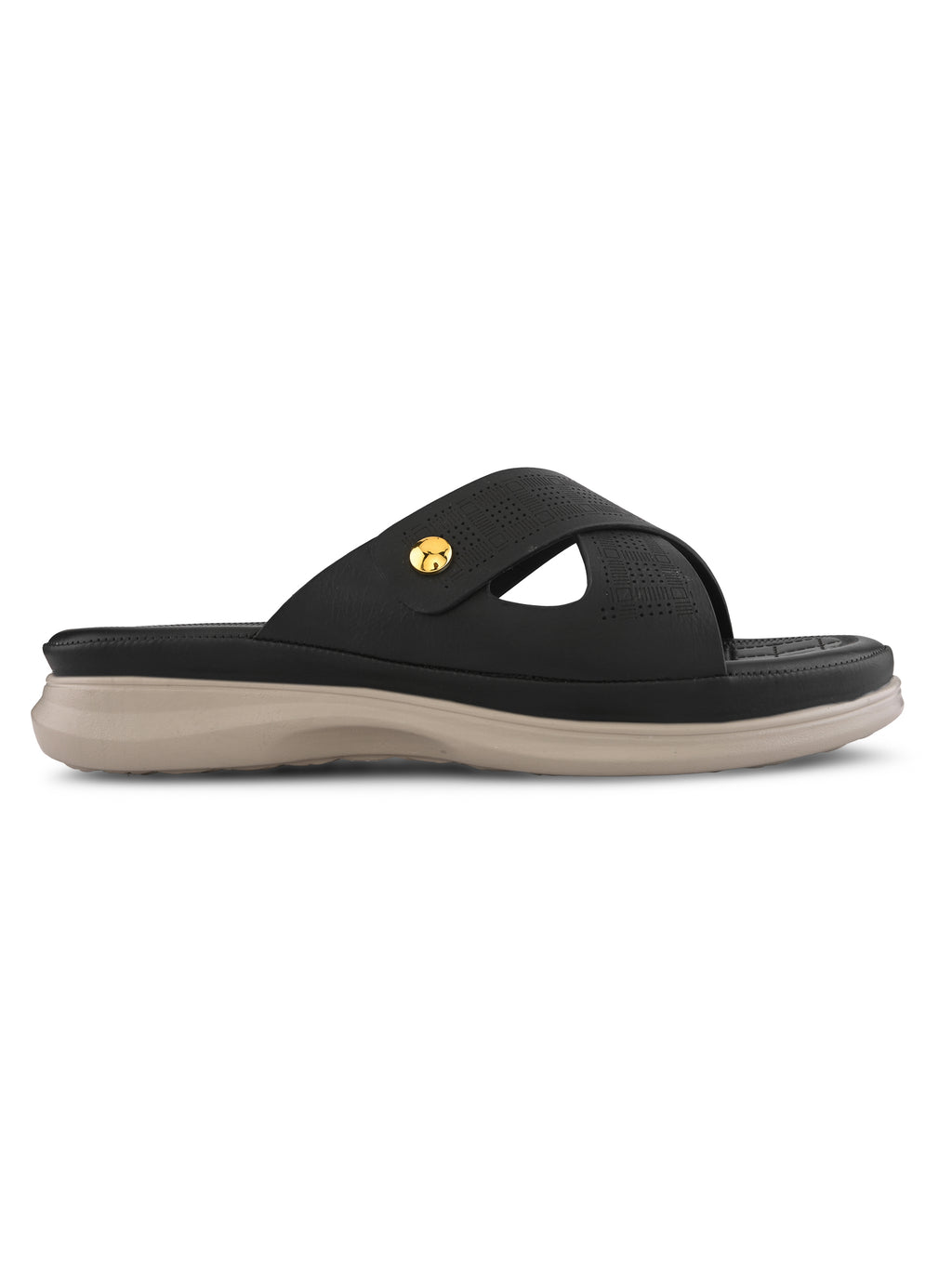 Textured Cross Strap Gold Accent Cushioned Comfort Flat Slippers