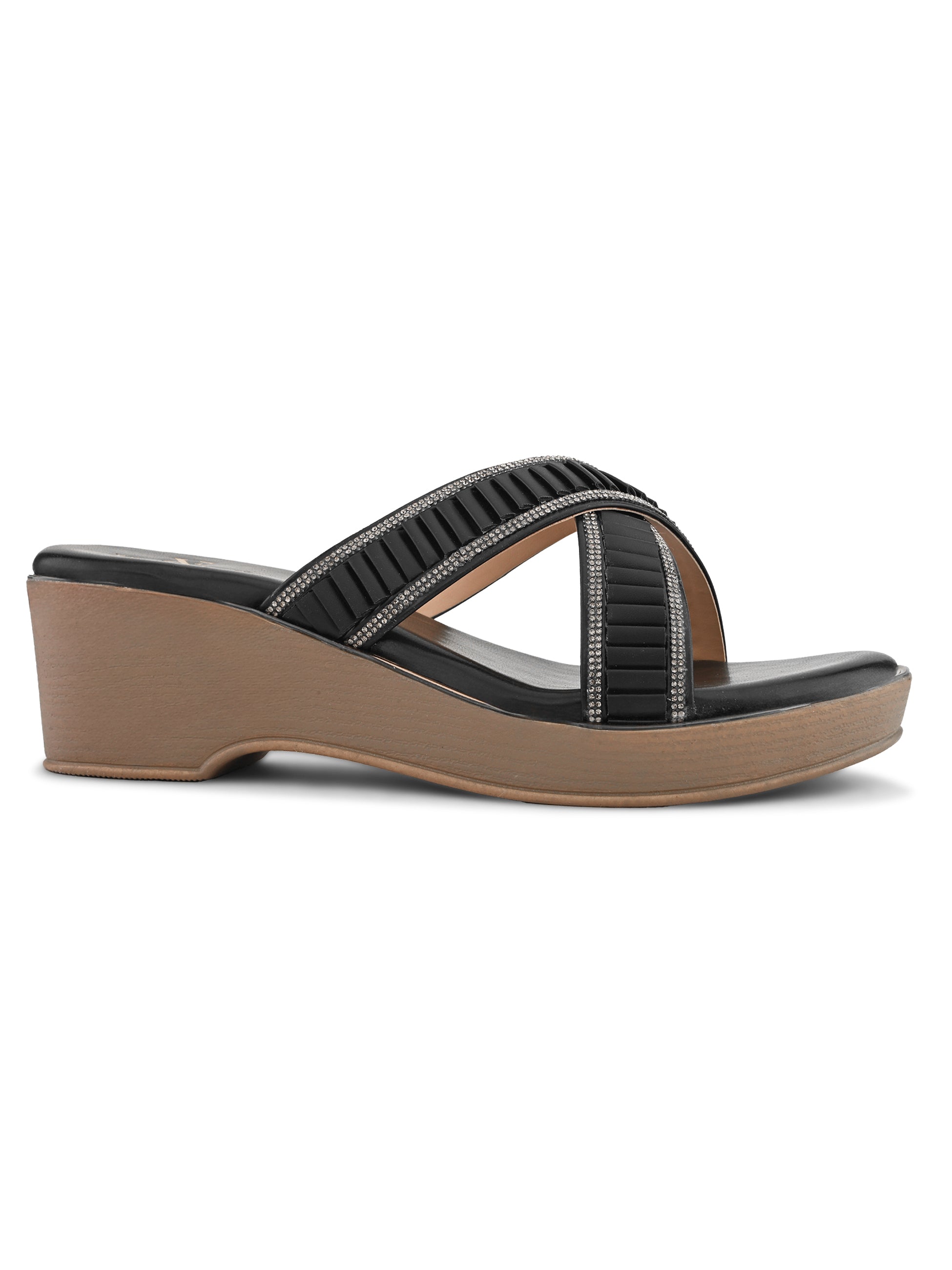 Criss-Cross Wedge Sandals for Women Pleated Straps with Subtle Shine Detailing