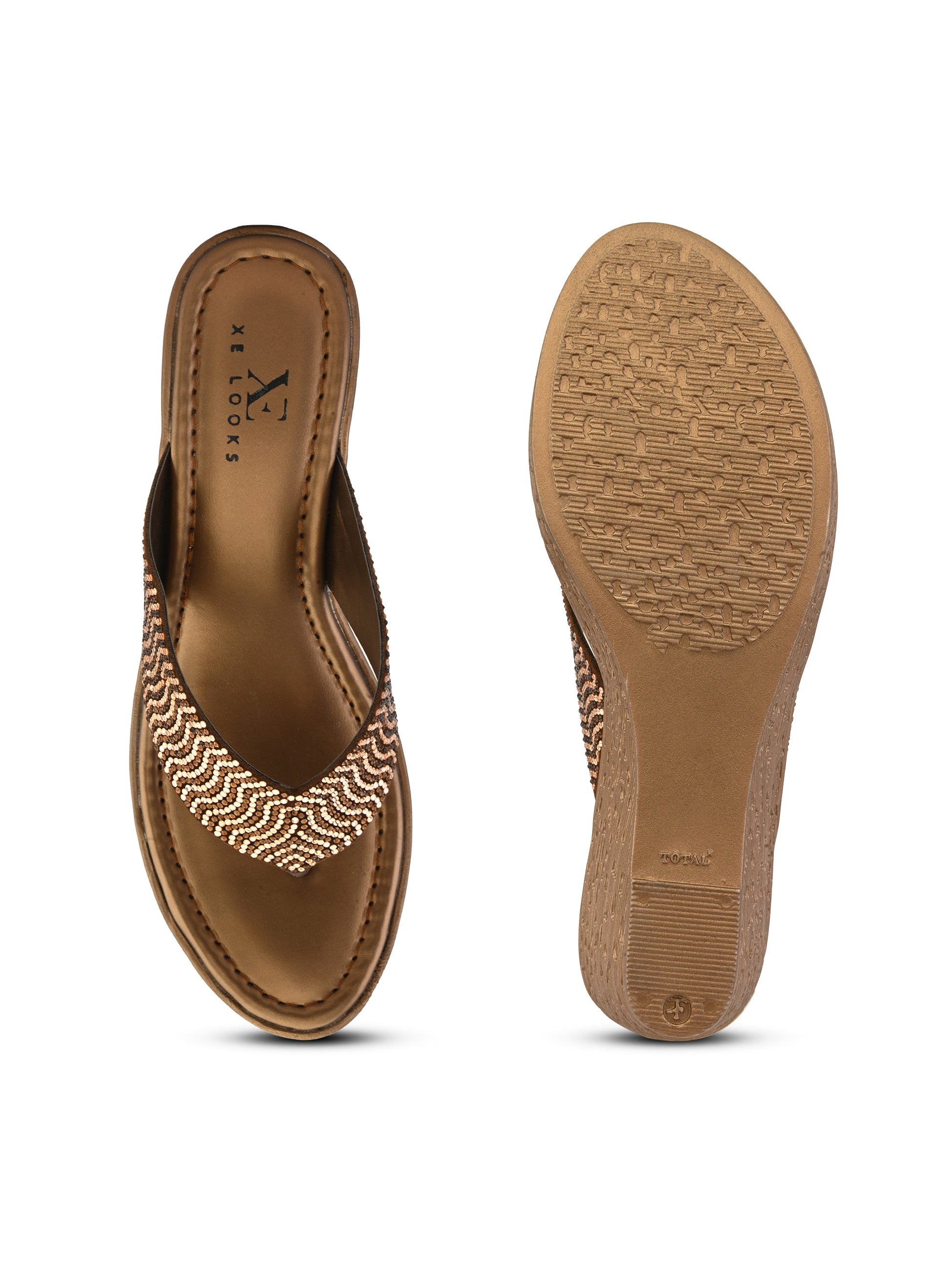 Wedge Thong Sandals Pleated Upper Strap with Subtle Rhinestone Embellishments