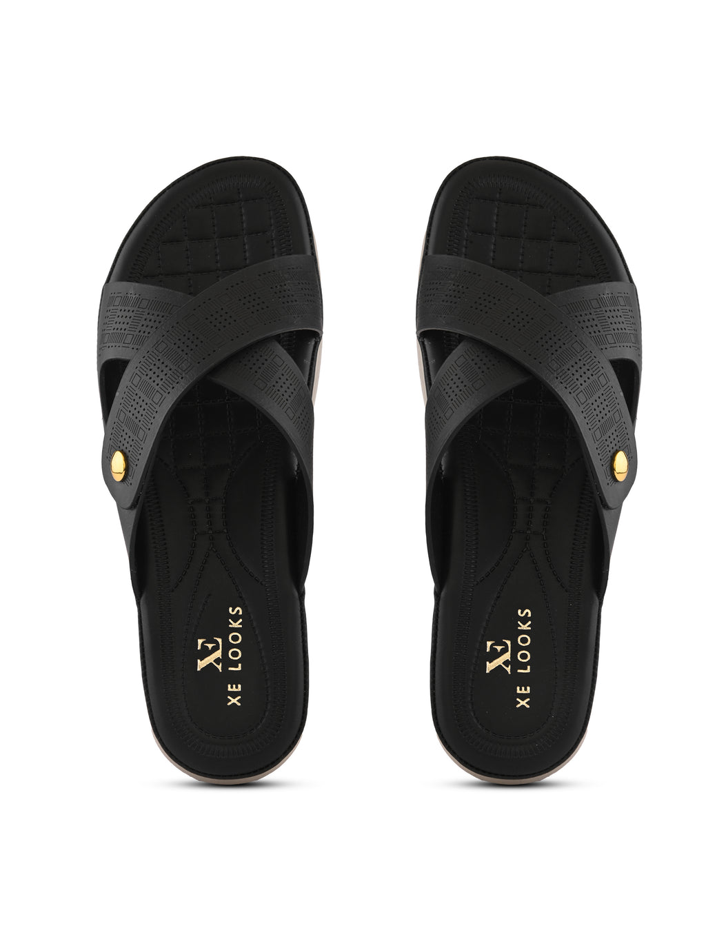 Textured Cross Strap Gold Accent Cushioned Comfort Flat Slippers