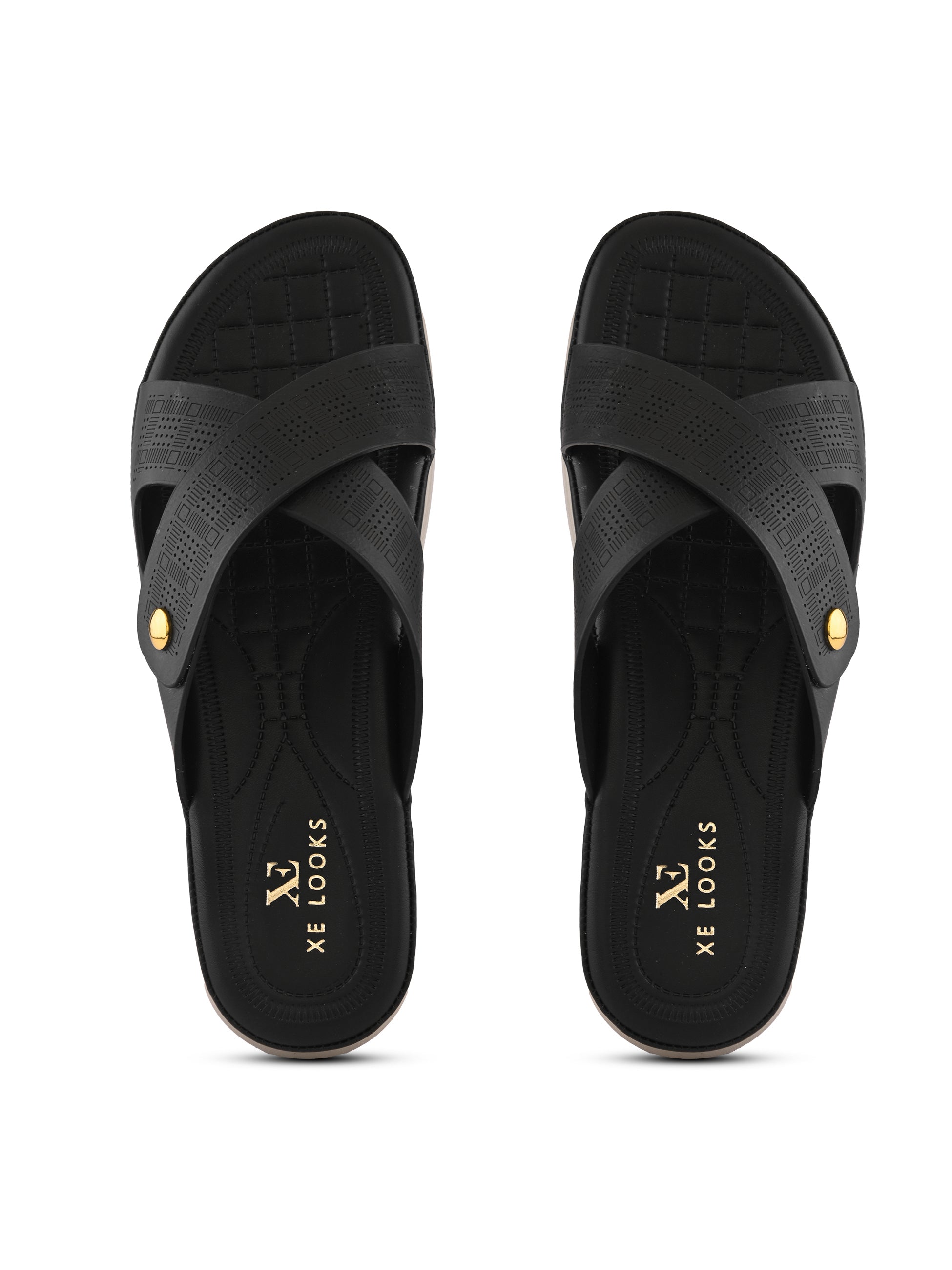 Textured Cross Strap Gold Accent Cushioned Comfort Flat Slippers