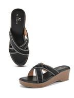 Criss-Cross Wedge Sandals for Women Pleated Straps with Subtle Shine Detailing