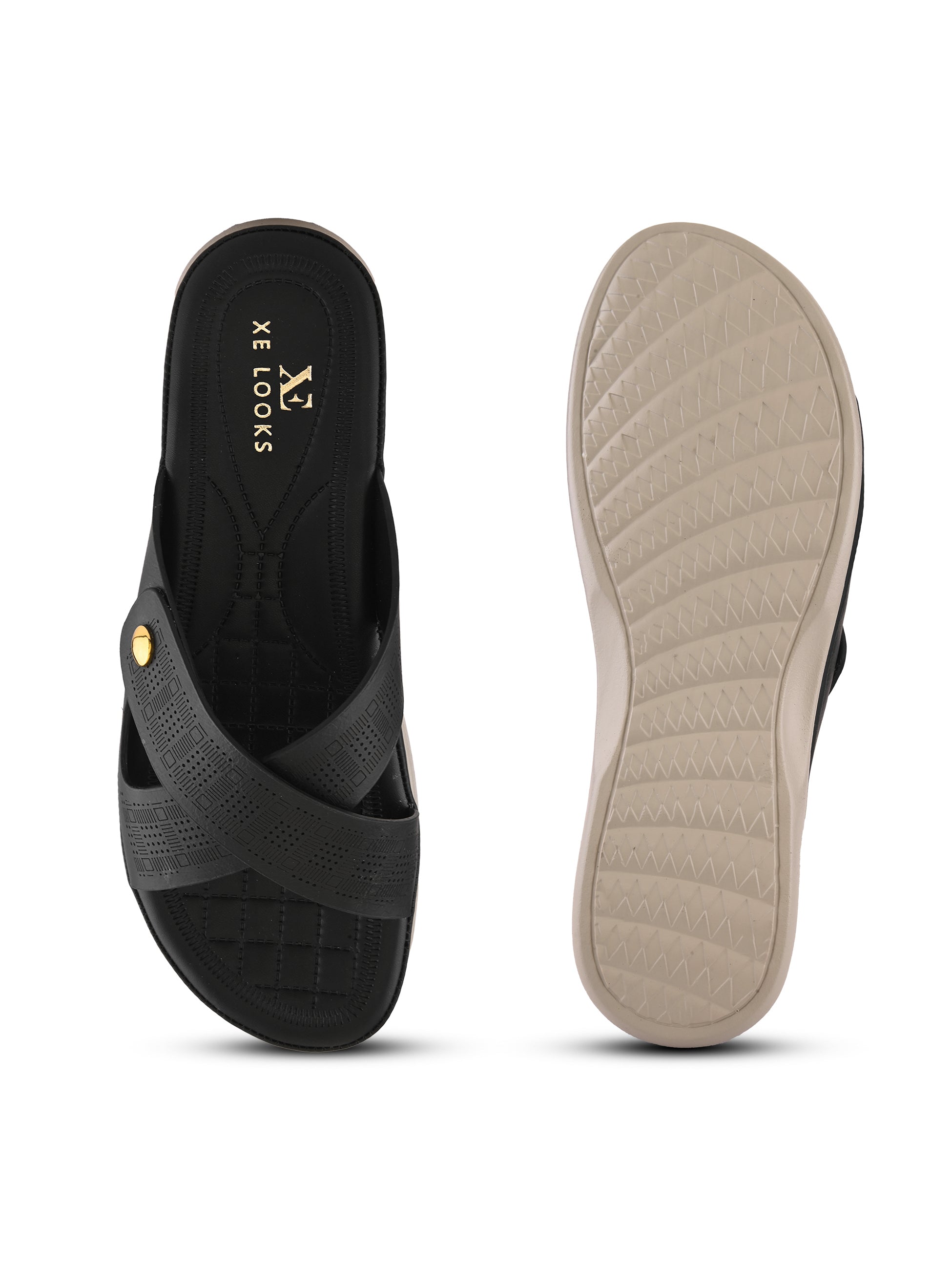 Textured Cross Strap Gold Accent Cushioned Comfort Flat Slippers