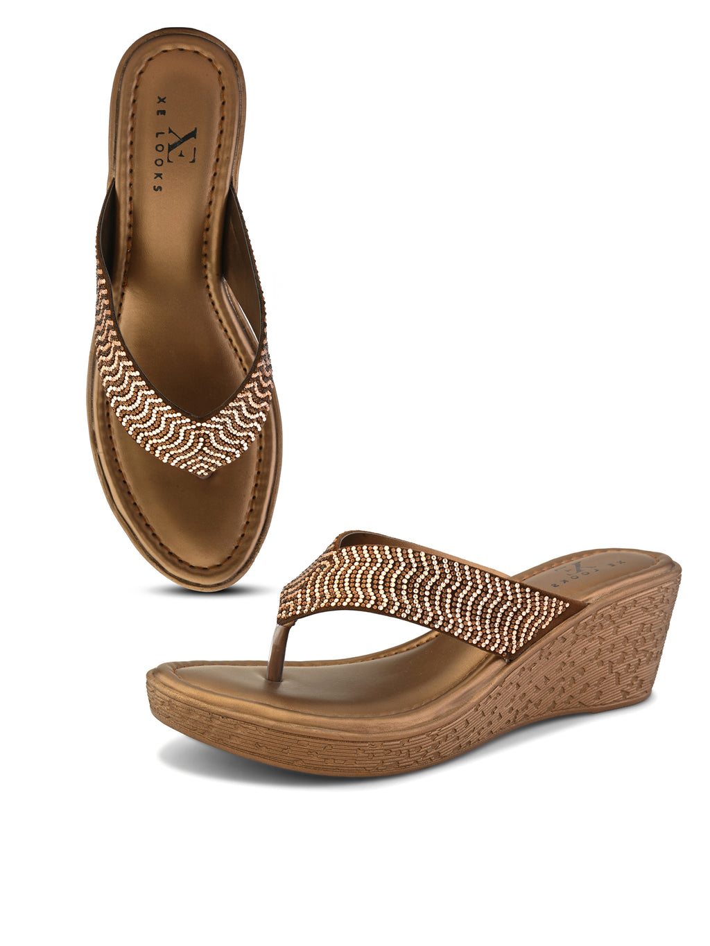 Wedge Thong Sandals Pleated Upper Strap with Subtle Rhinestone Embellishments