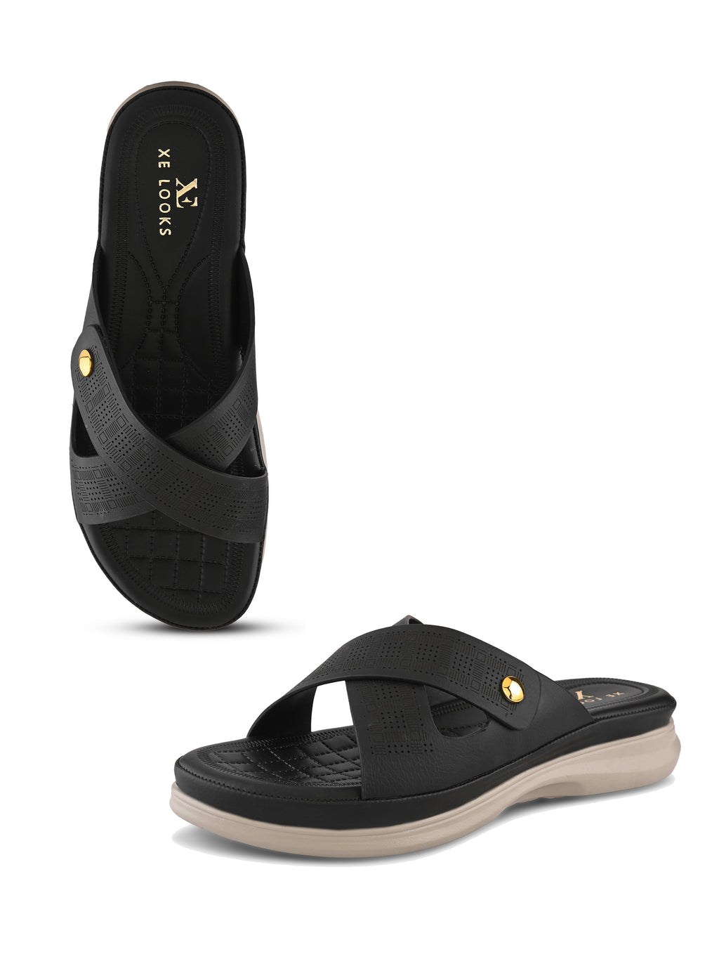 Textured Cross Strap Gold Accent Cushioned Comfort Flat Slippers