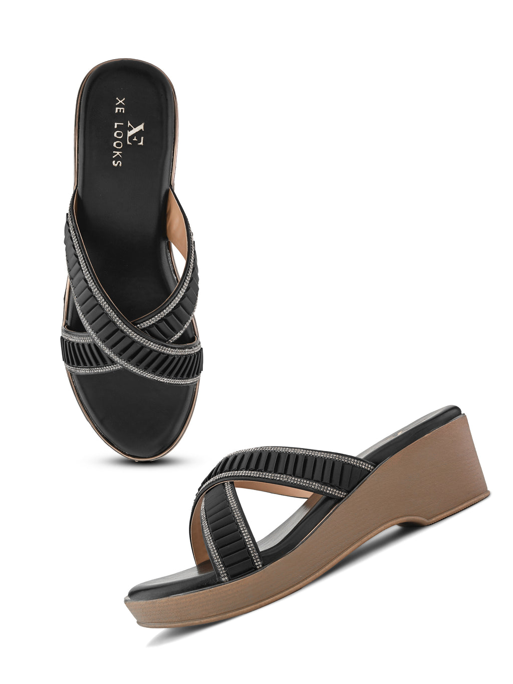 Criss-Cross Wedge Sandals for Women Pleated Straps with Subtle Shine Detailing