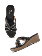 Criss-Cross Wedge Sandals for Women Pleated Straps with Subtle Shine Detailing