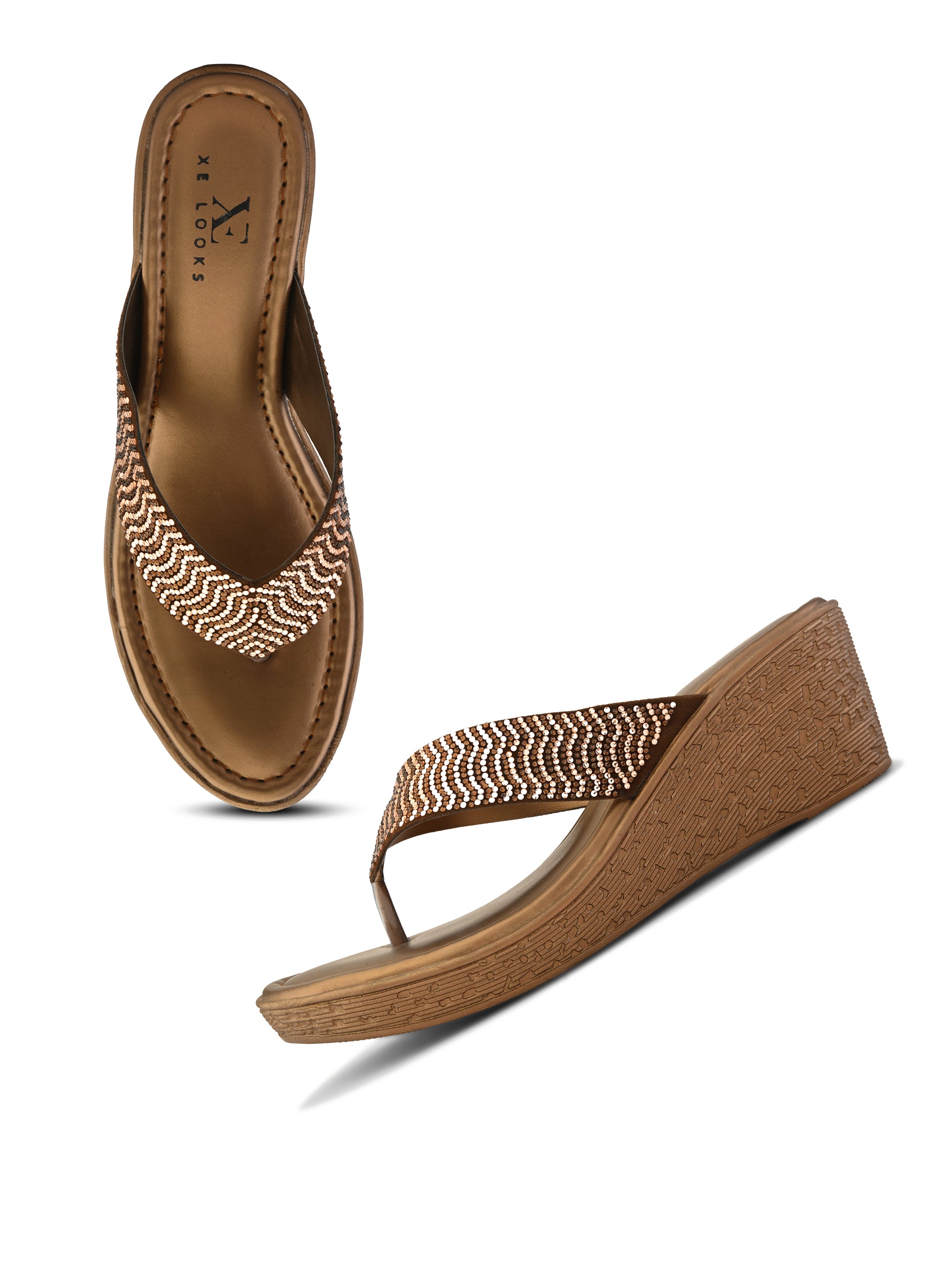Wedge Thong Sandals Pleated Upper Strap with Subtle Rhinestone Embellishments