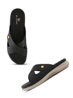 Textured Cross Strap Gold Accent Cushioned Comfort Flat Slippers