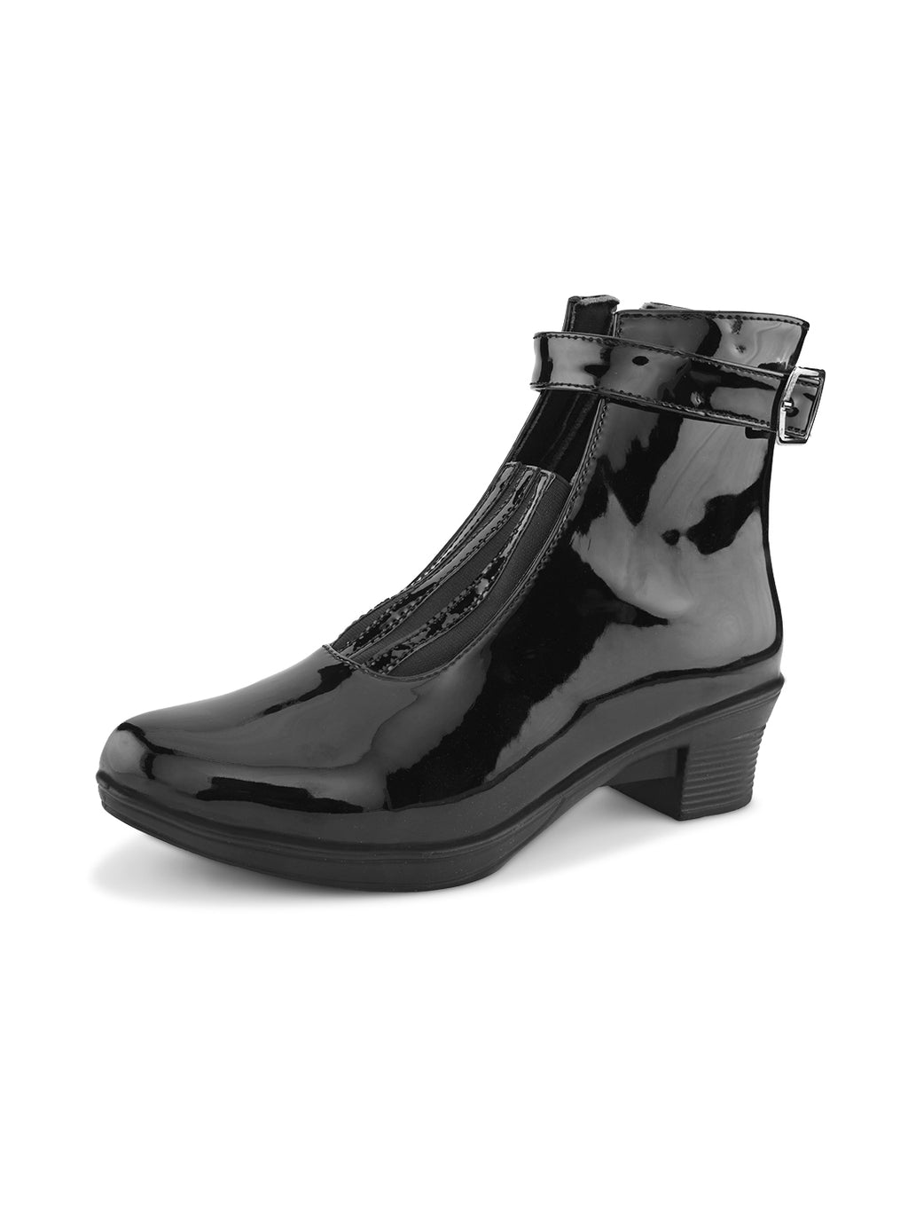 Glossy Buckle Accent Side Zipper Block Heel Ankle Boots