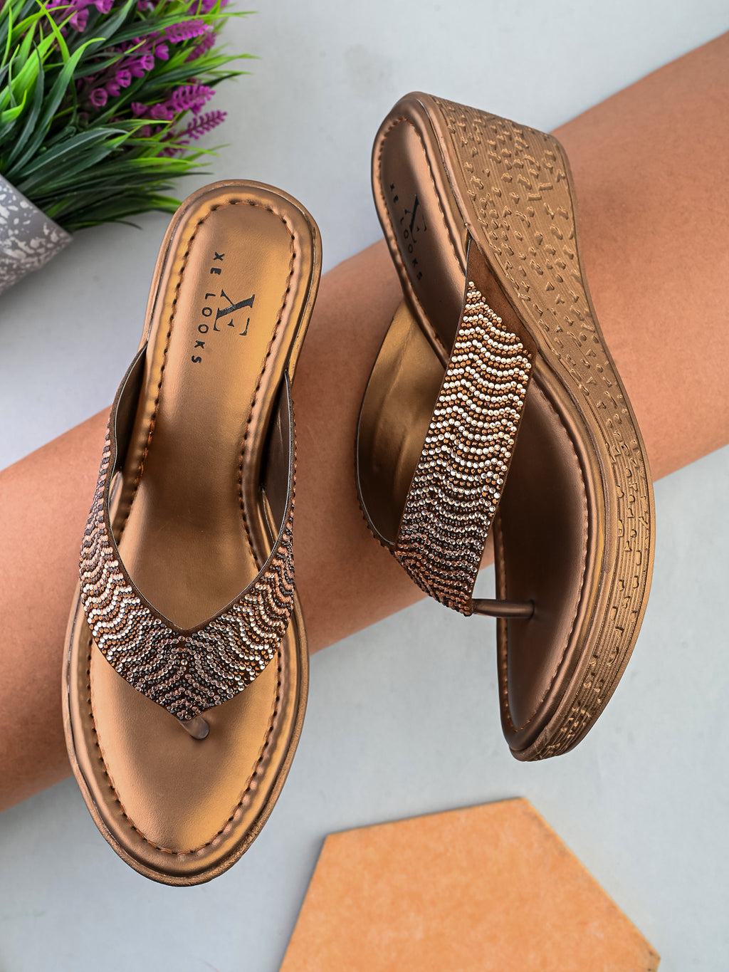 Wedge Thong Sandals Pleated Upper Strap with Subtle Rhinestone Embellishments