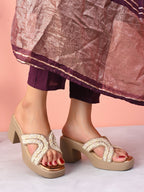 Embellished Criss-Cross Beaded Design Slip-On Block Heel Sandals
