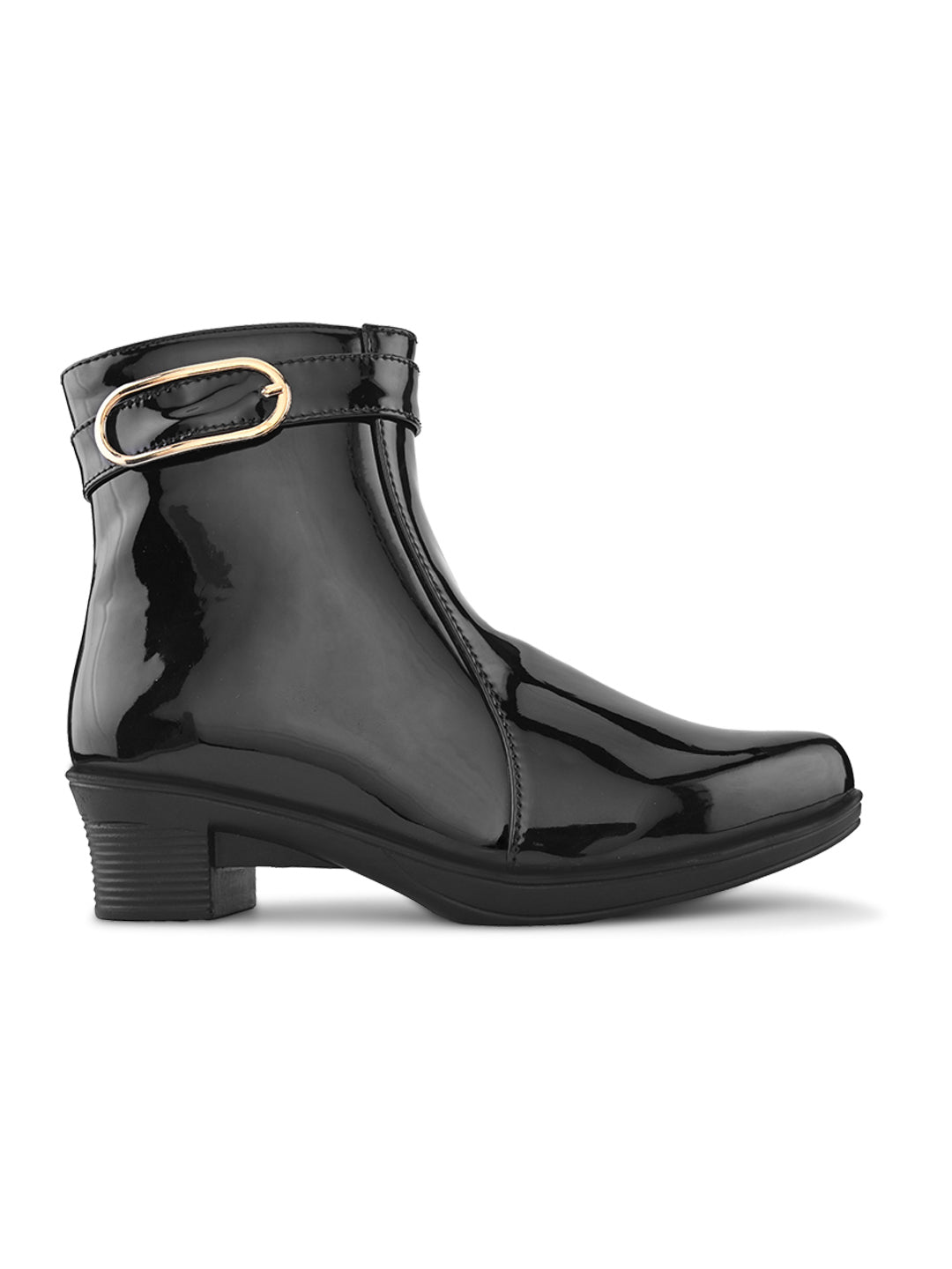 Glossy Buckle Accent Side Zip Block Heel Ankle Boots