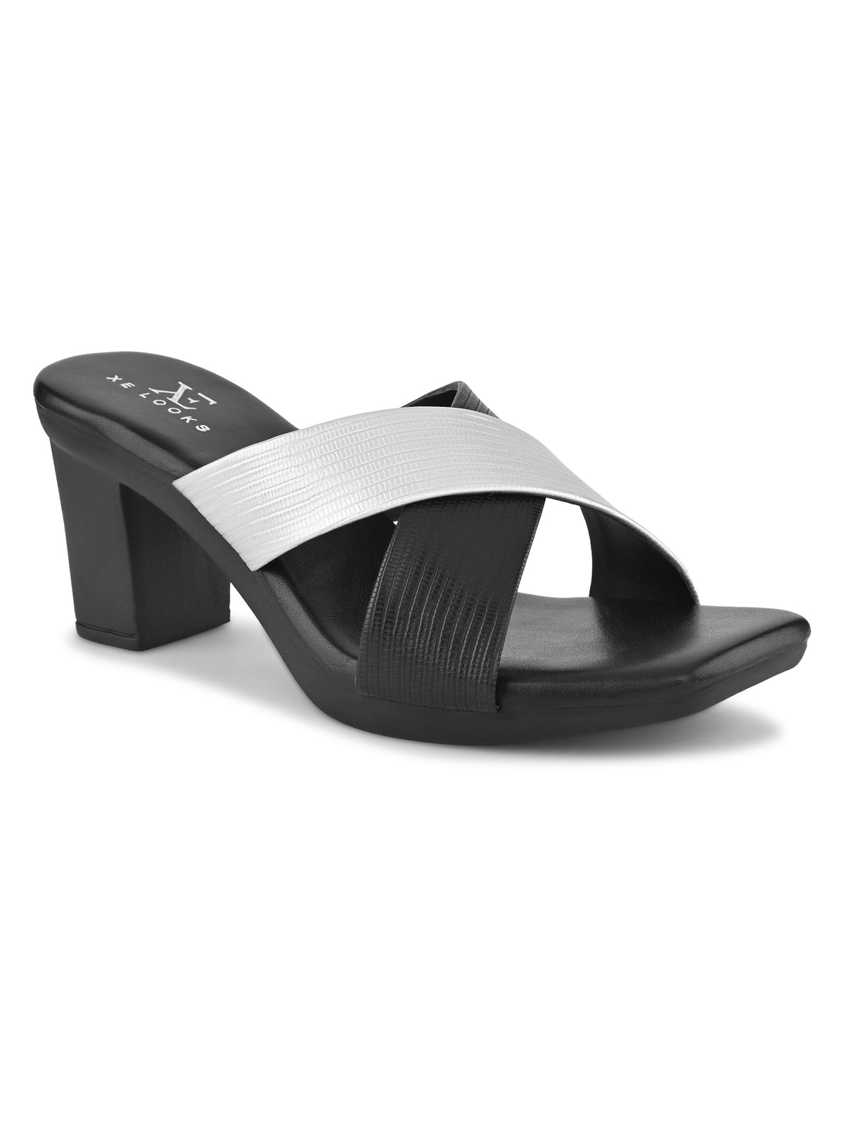TEXTURED CROSS-STRAP SQUARE TOE BLOCK HEEL MULES