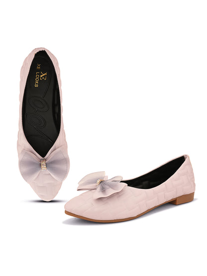 Textured Flats with Mesh Bow – Elegant Design, Comfortable Fit