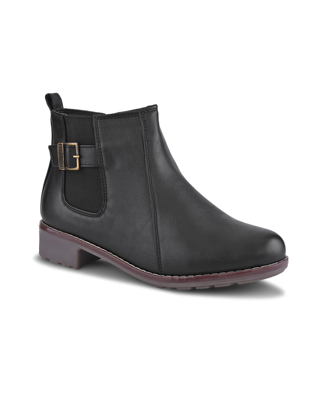 Buckle Accent Side Elastic Low Block Heel Ankle Boots