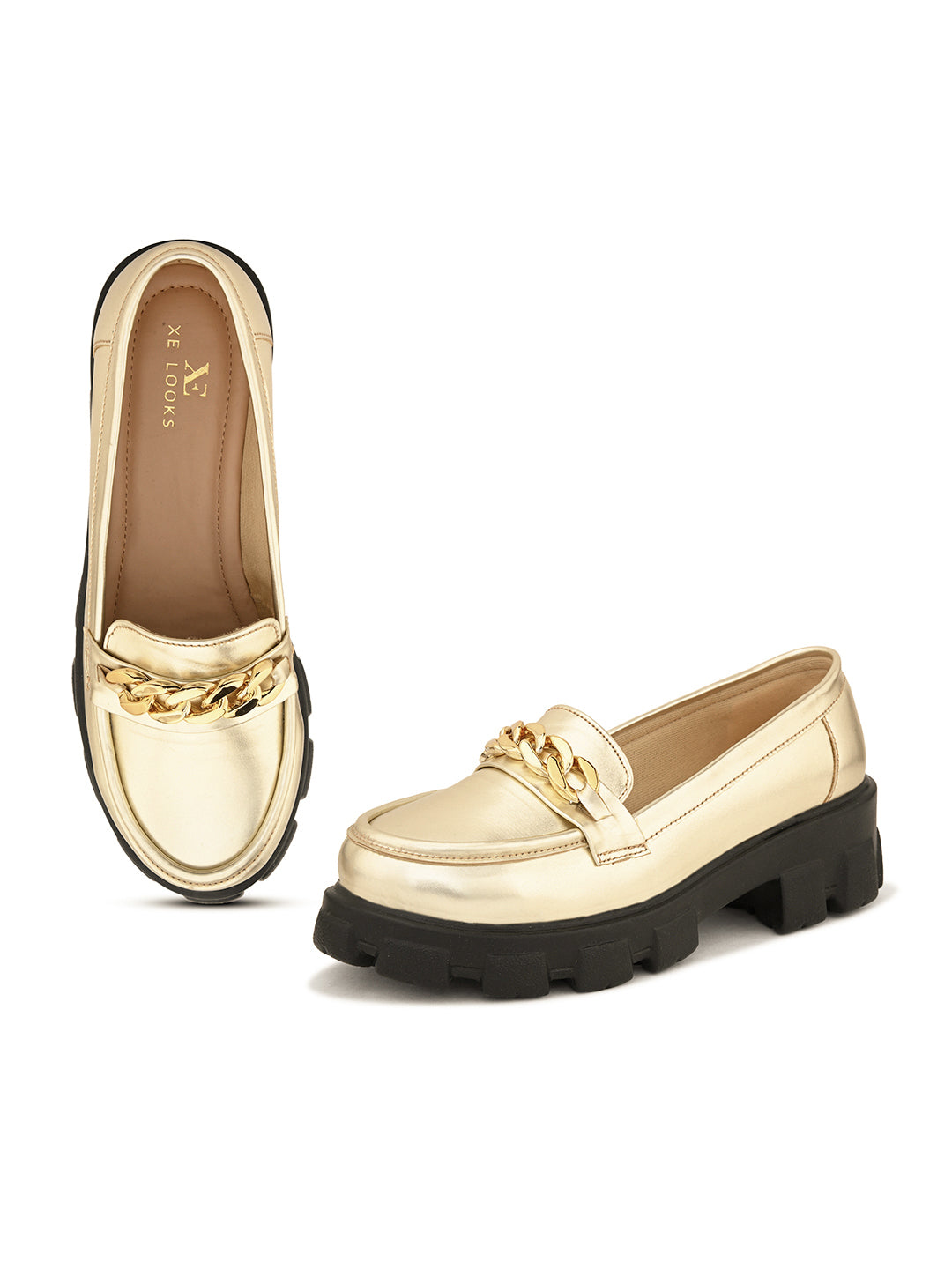 Glossy  Loafers with Chunky Sole and Gold Chain Accent