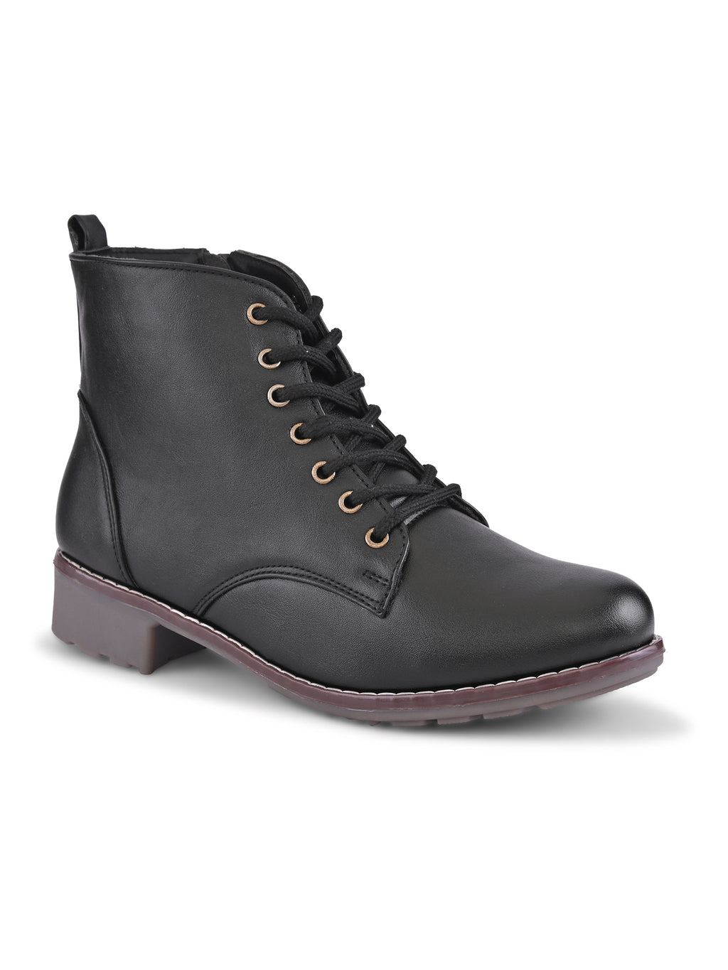 Lace Up Side Zip Cushioned Low Block Heel Ankle Boots
