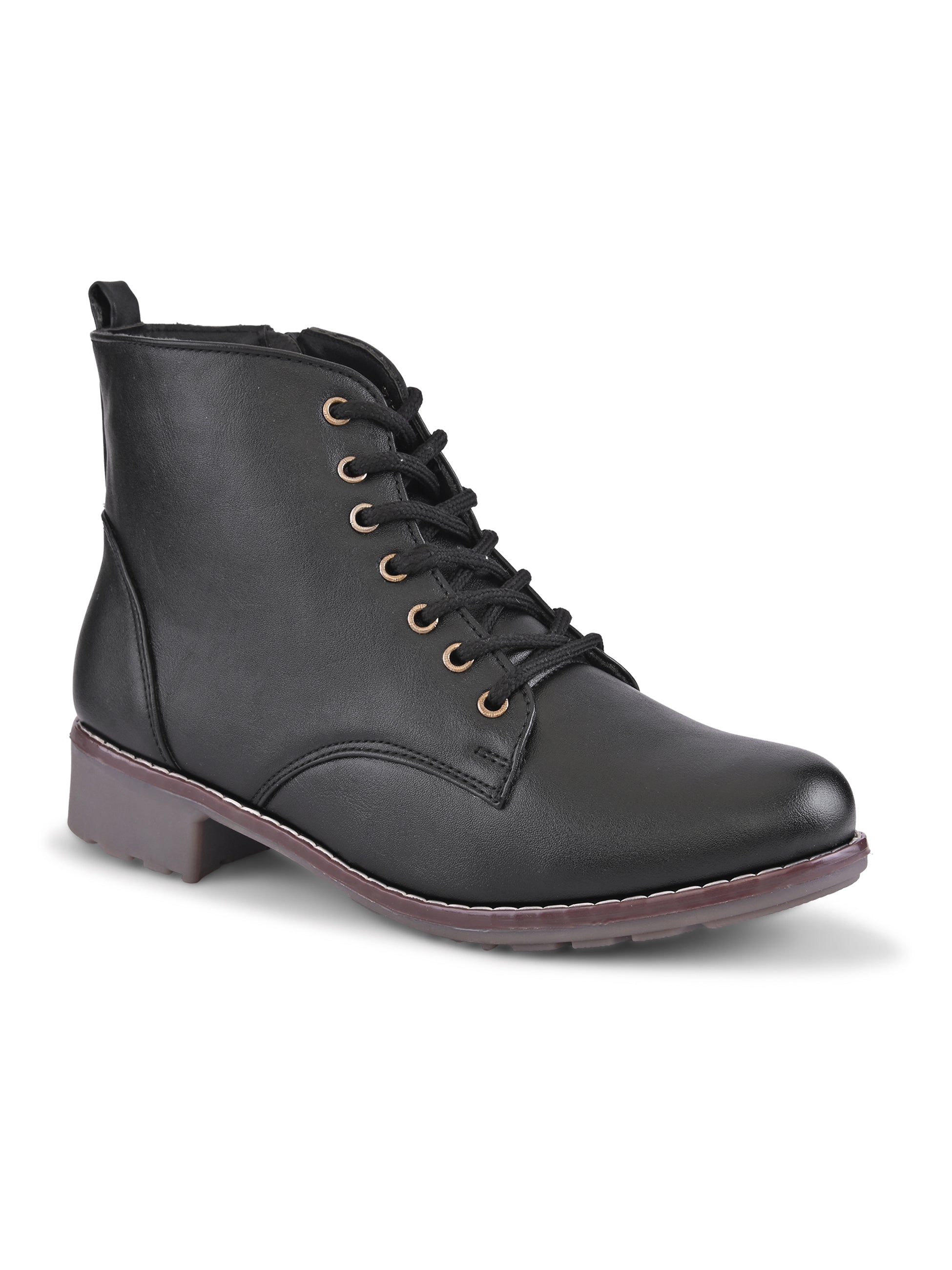 Lace Up Side Zip Cushioned Low Block Heel Ankle Boots