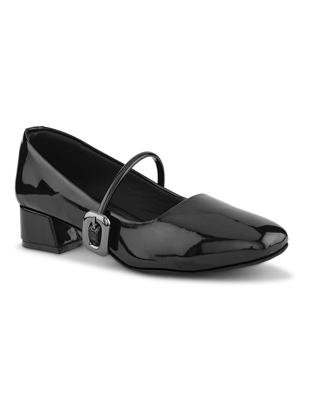 Glossy Strap Detail Cushioned Block Heel Mary Jane Pumps