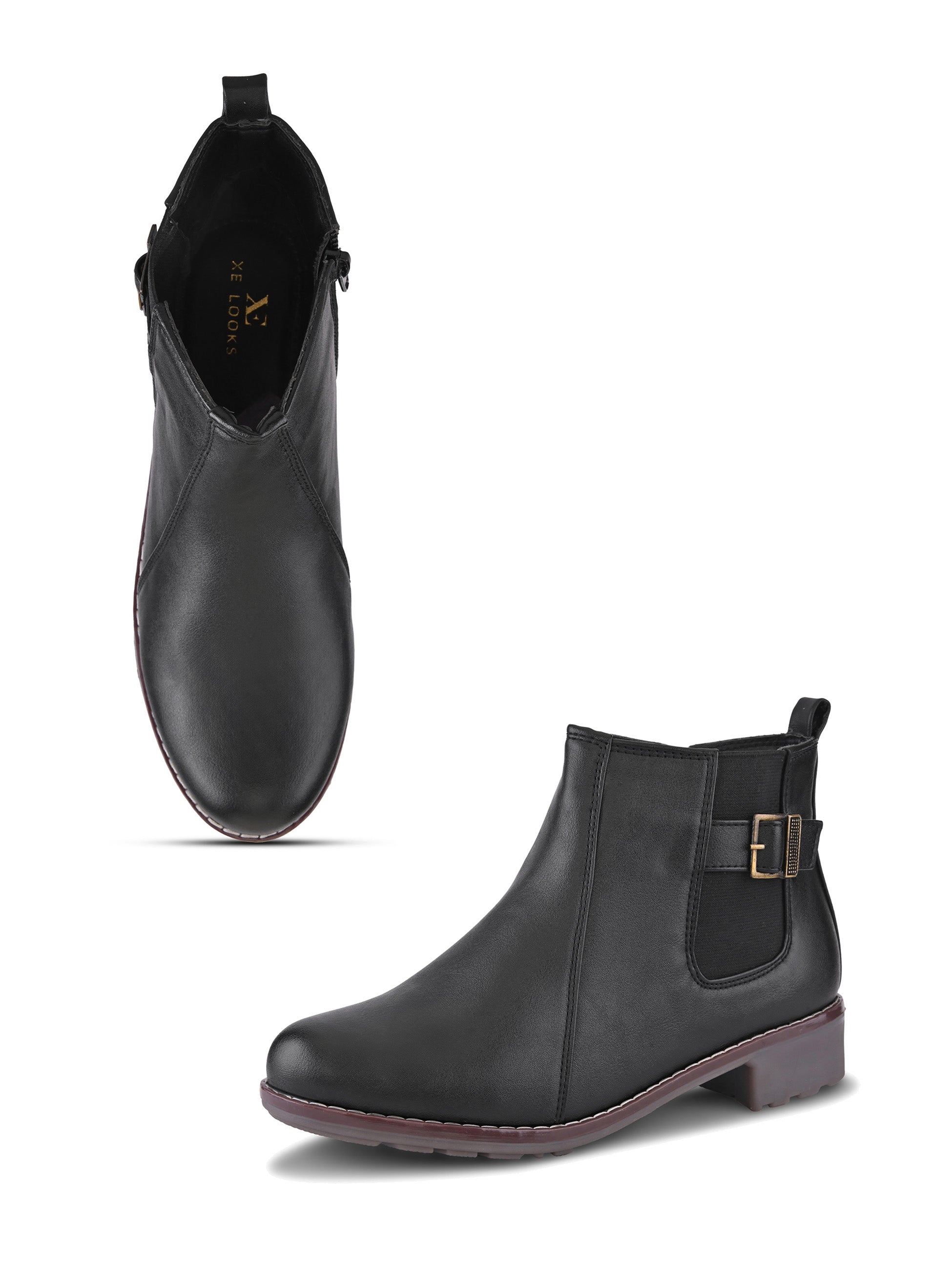 Buckle Accent Side Elastic Low Block Heel Ankle Boots