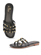 STUDDED MULTI-STRAP OPEN TOE FLAT SANDALS