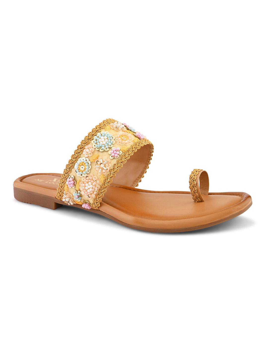 Embellished Toe-Ring Flats with Floral Beadwork