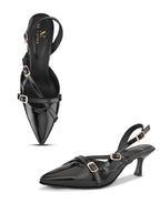 Glossy Patent-Finish Multi Buckle Strap Slingback Pointed Toe Pumps