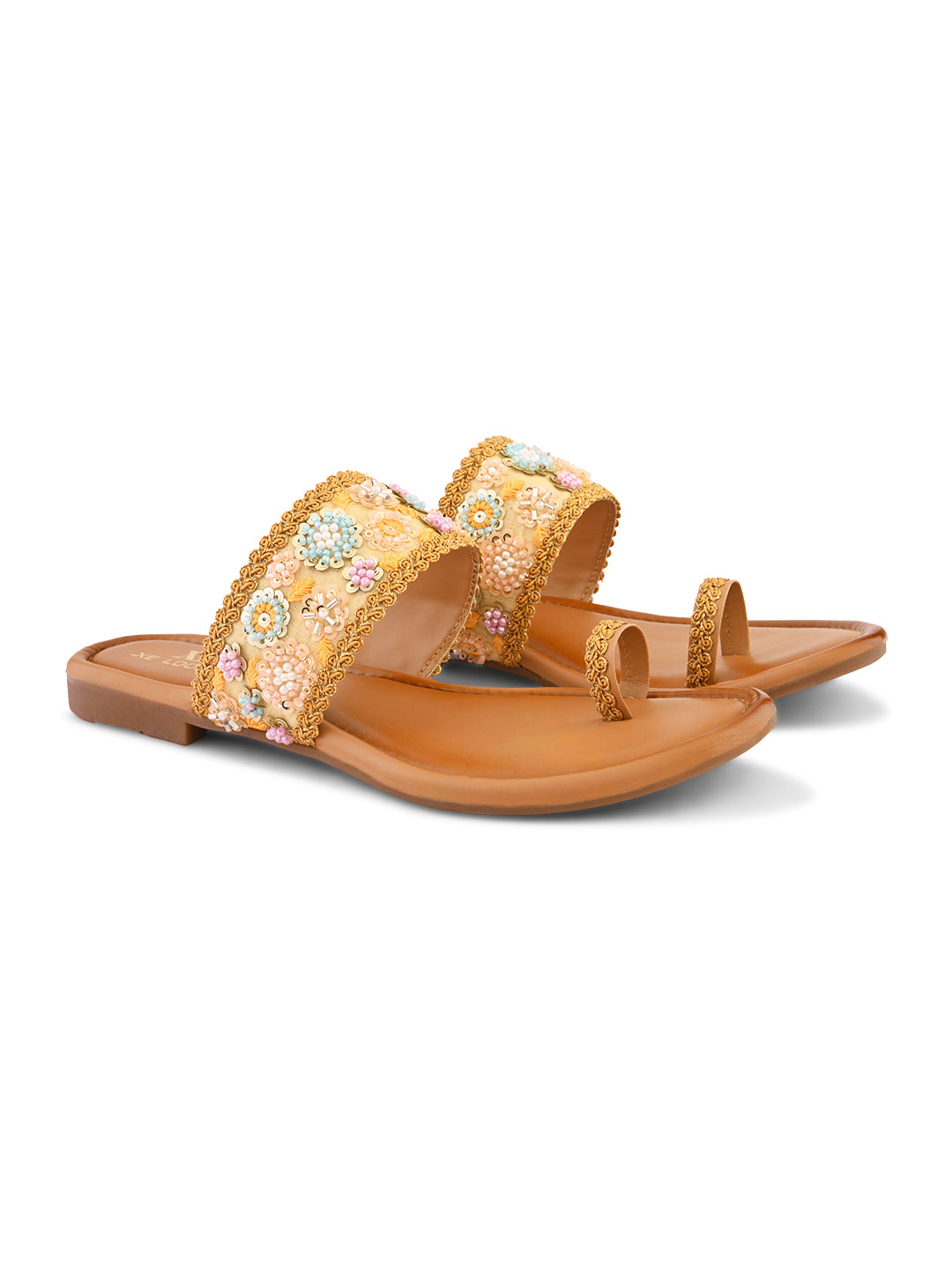 Embellished Toe-Ring Flats with Floral Beadwork