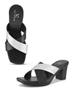 TEXTURED CROSS-STRAP SQUARE TOE BLOCK HEEL MULES