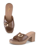 Glossy Buckle Accent Slip-On Block Heel Sandals