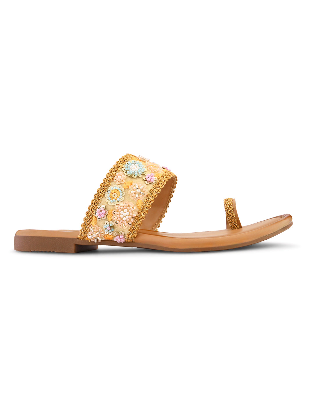Embellished Toe-Ring Flats with Floral Beadwork