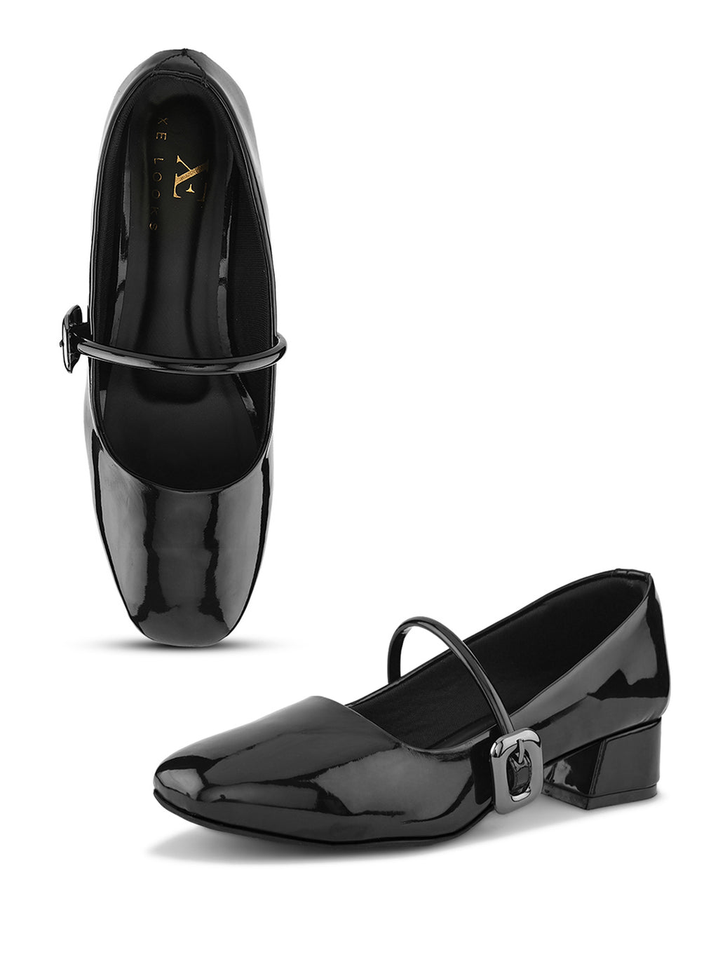 Glossy Strap Detail Cushioned Block Heel Mary Jane Pumps