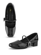 Glossy Strap Detail Cushioned Block Heel Mary Jane Pumps