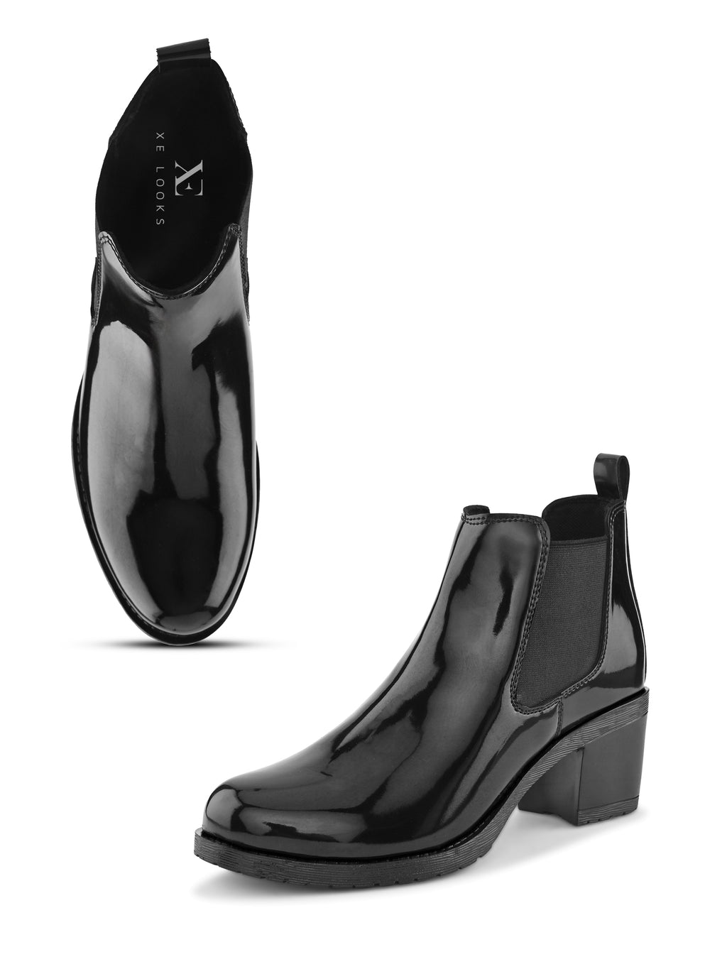 Glossy Elastic Panel Block Heel Chelsea Boots
