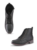 Lace Up Side Zip Cushioned Low Block Heel Ankle Boots