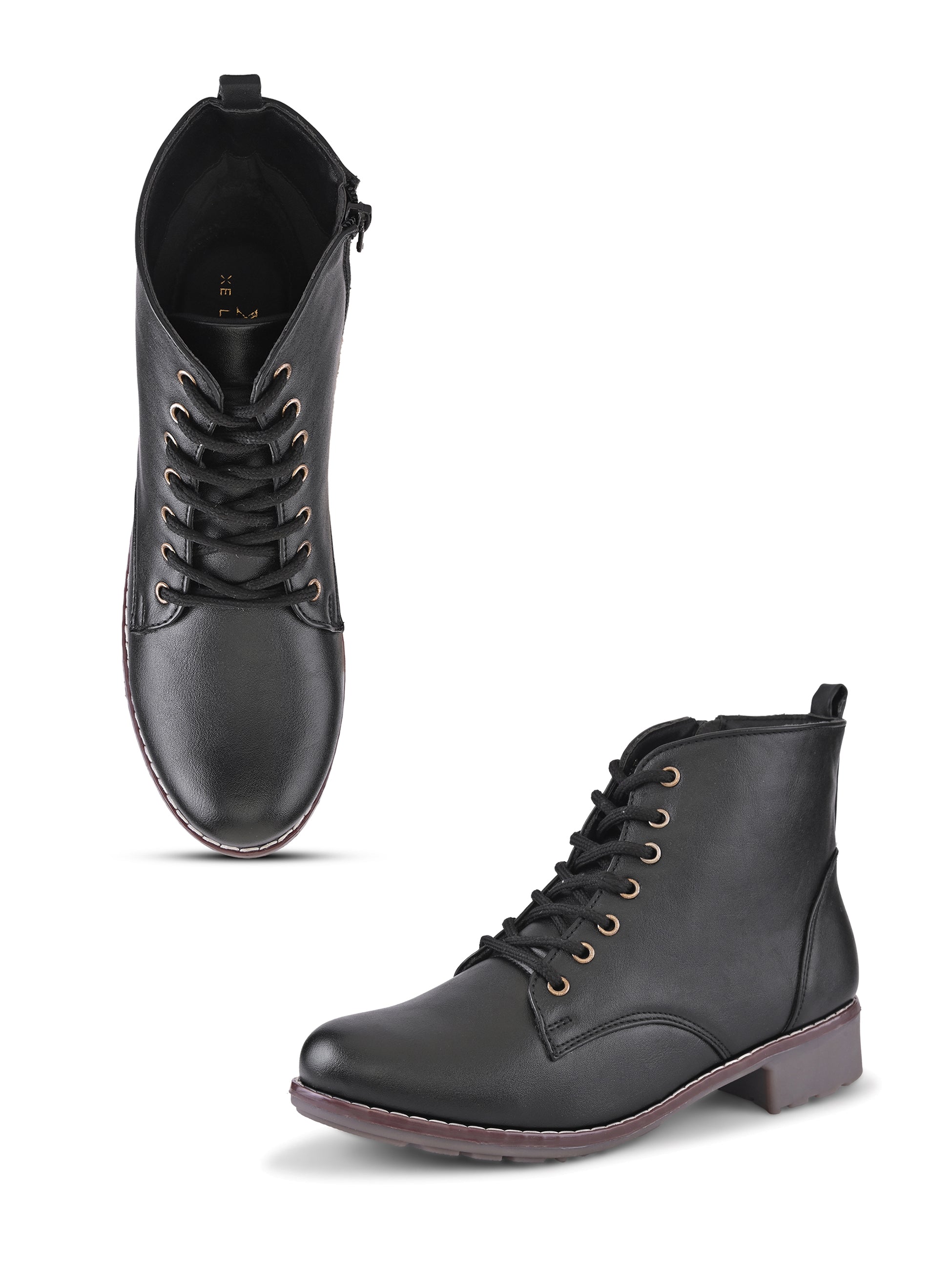 Lace Up Side Zip Cushioned Low Block Heel Ankle Boots