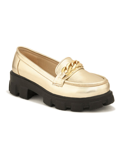 Glossy  Loafers with Chunky Sole and Gold Chain Accent