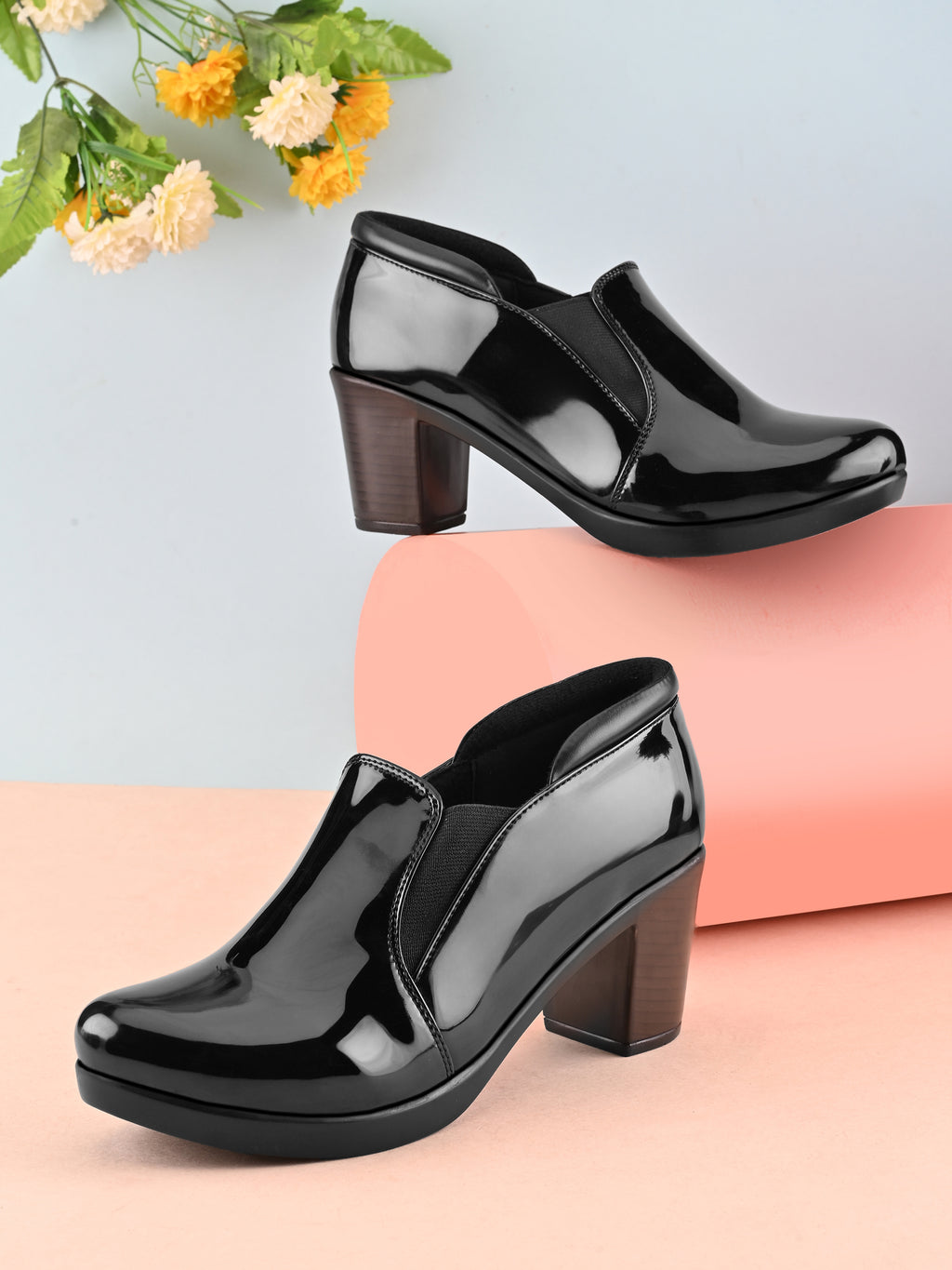 GLOSSY FINISH SLIP-ON BLOCK HEEL LOAFERS