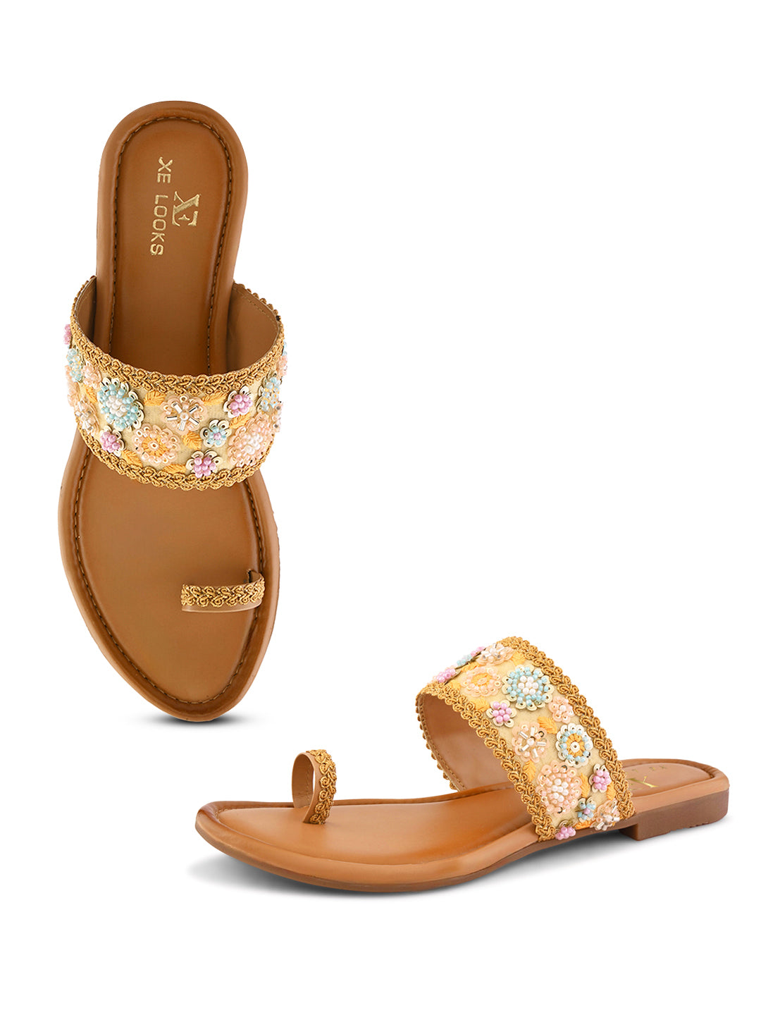 Embellished Toe-Ring Flats with Floral Beadwork