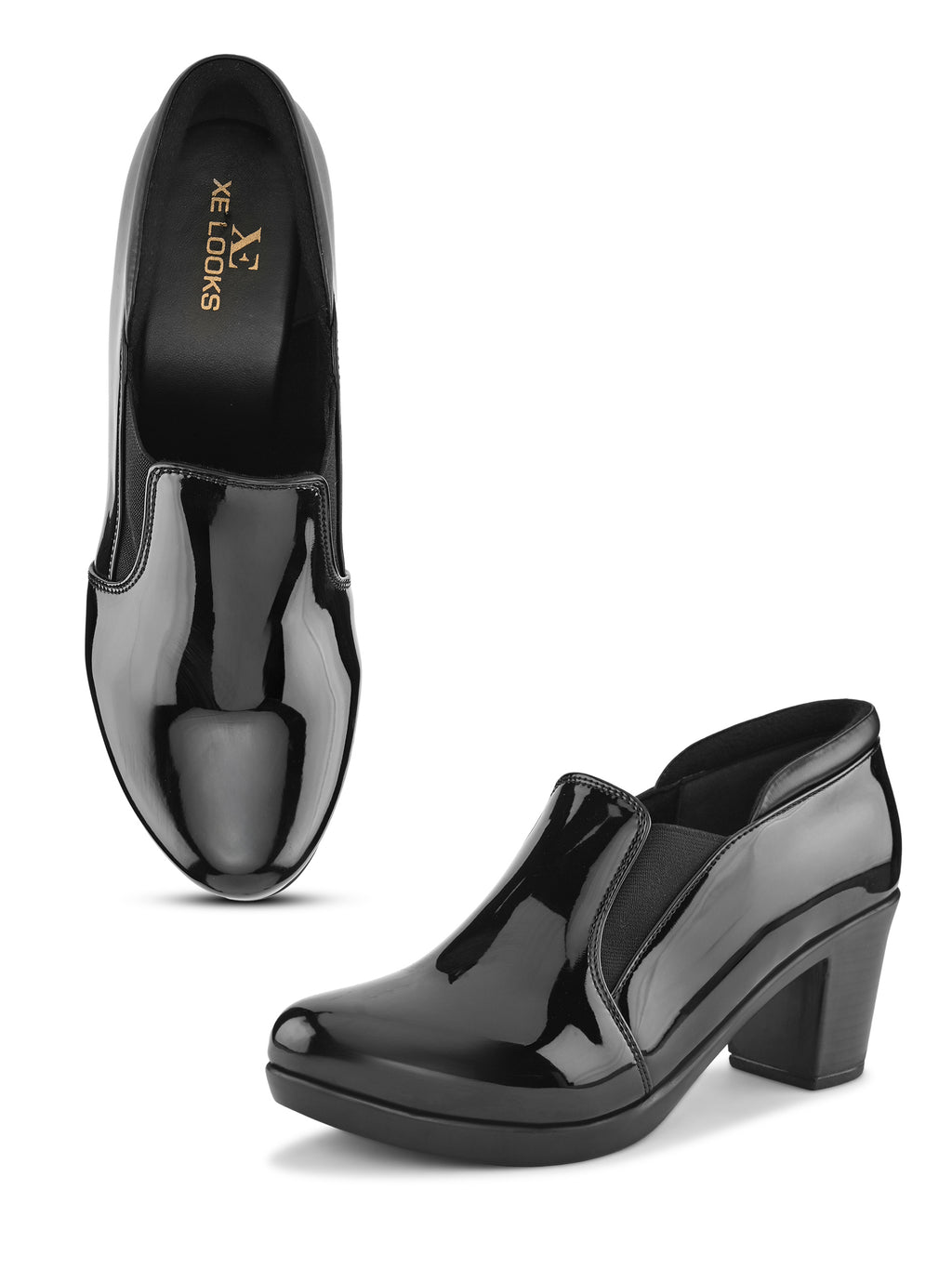 GLOSSY FINISH SLIP-ON BLOCK HEEL LOAFERS