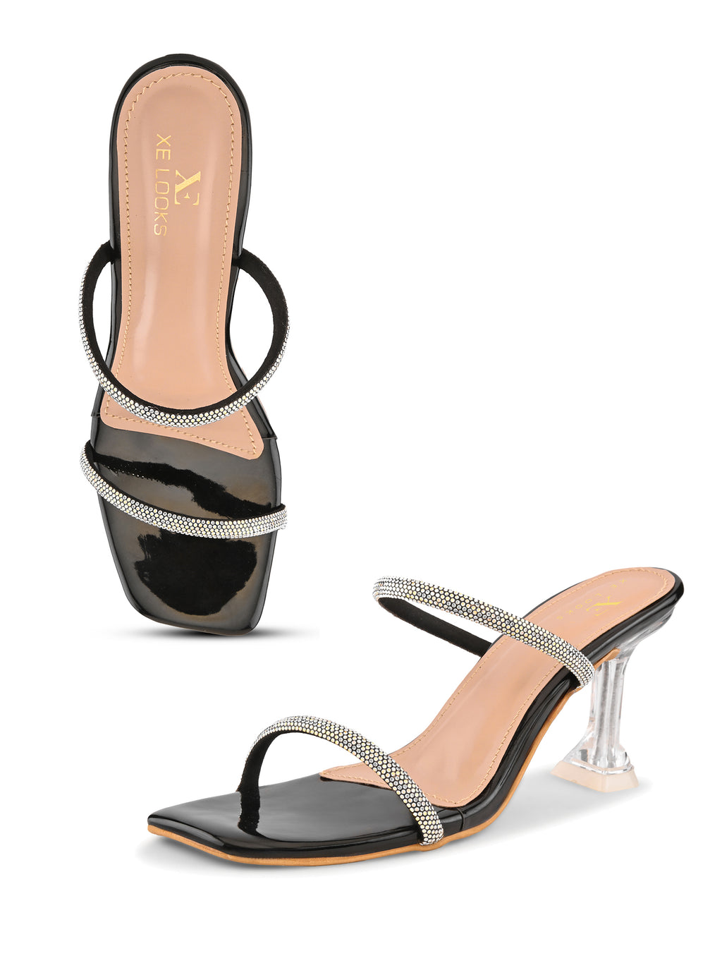 Rhinestone Double Strap Transparent Sculpted Heel Sandals