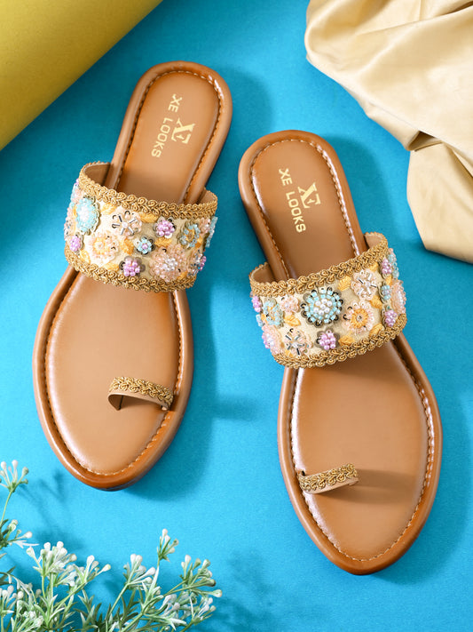 Embellished Toe-Ring Flats with Floral Beadwork
