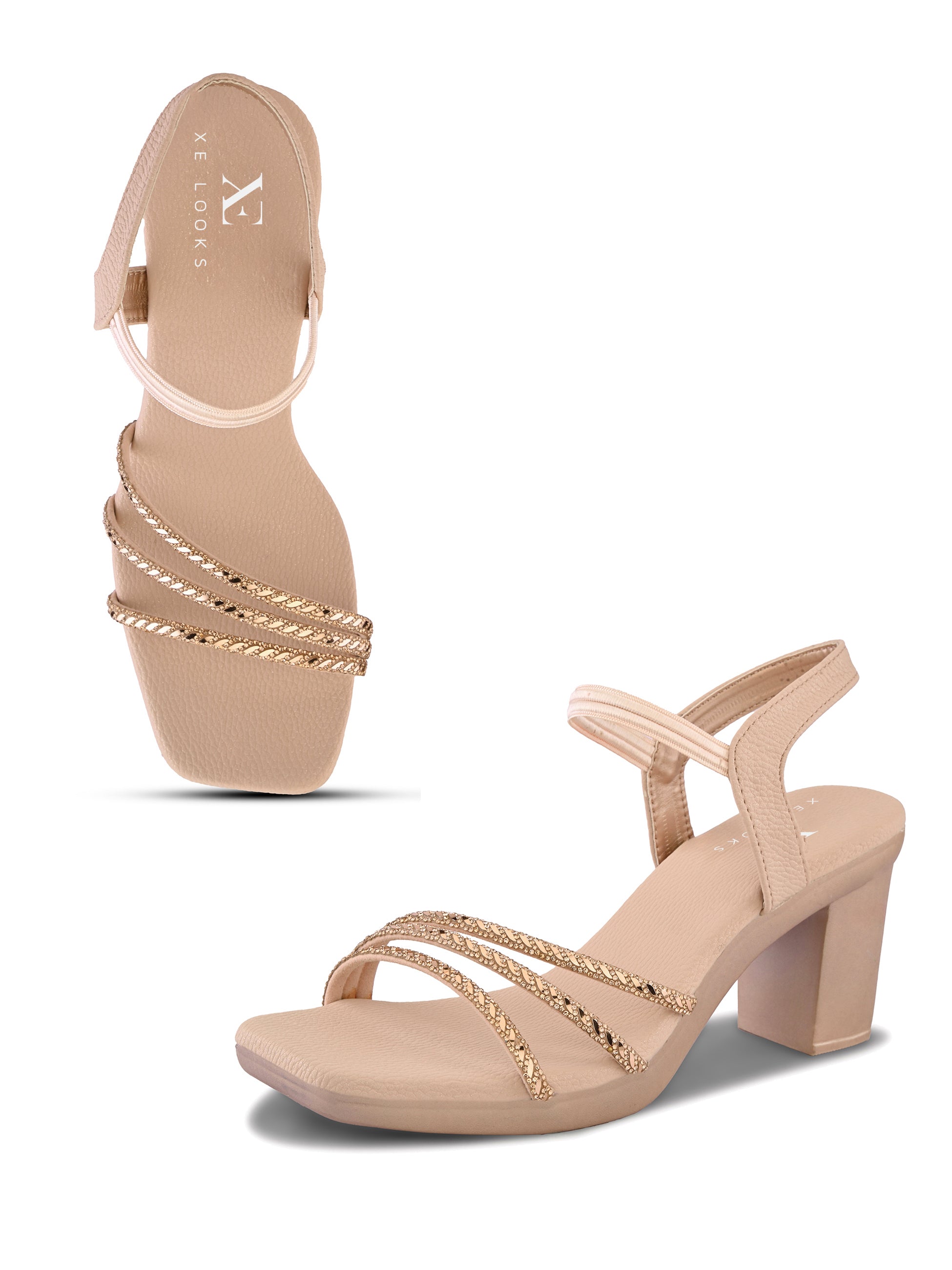 Rhinestone Strappy Soft Cushioned Block Heel Sandals