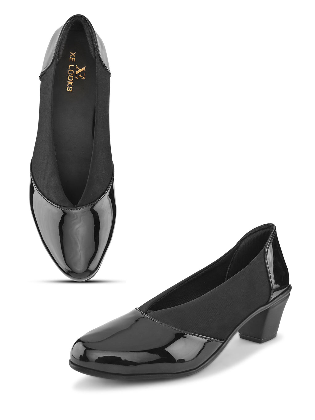 Glossy Almond Toe Stretch Panel Slip-On Pumps