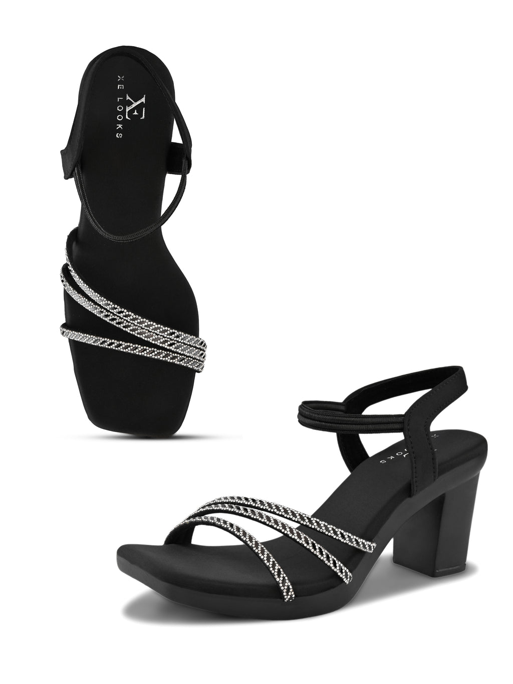 Rhinestone Strappy Soft Cushioned Block Heel Sandals