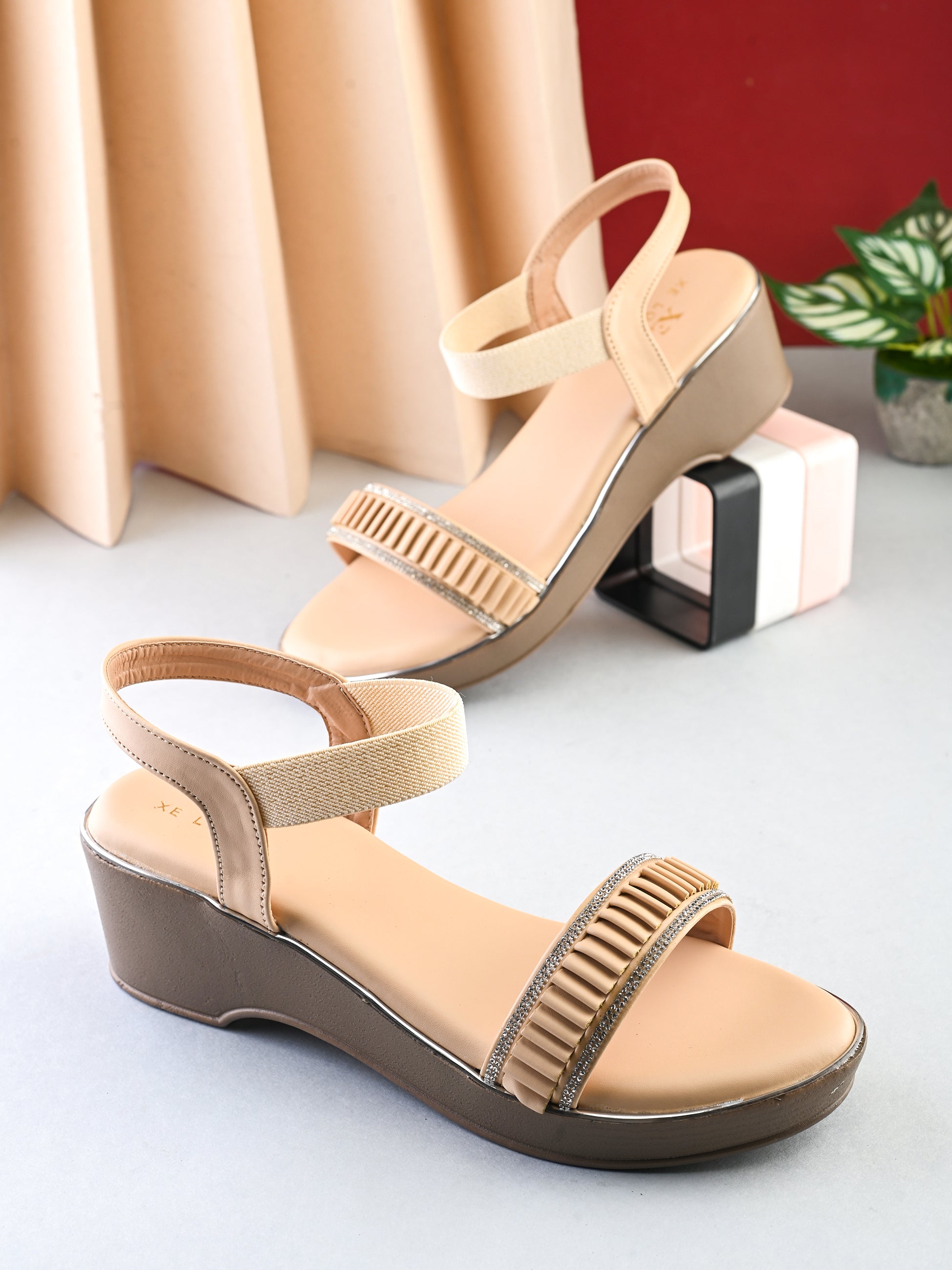 Wedge Sandals Pleated Front Strap with Elastic Back Support